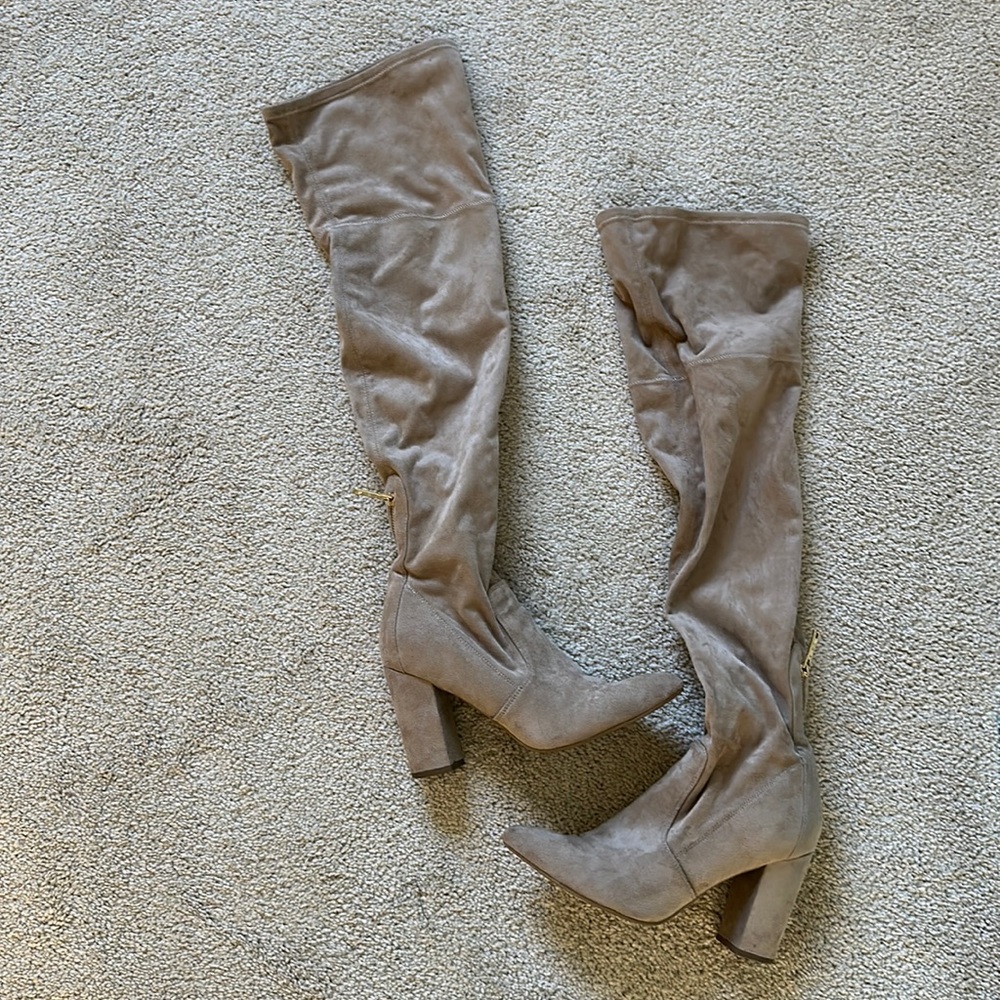 Thigh high suede beige boots
